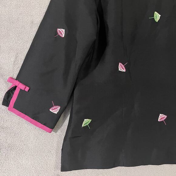 Silk Land Embroidered Silk Jacket Black Pink Parasol Design Womens Sz 4 - Picture 9 of 12